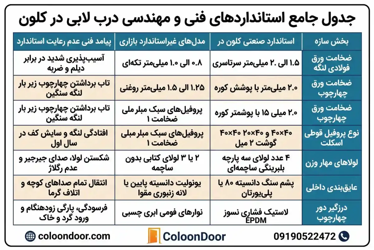 جدول جامع استانداردهای فنی و مهندسی درب لابی در کلون در